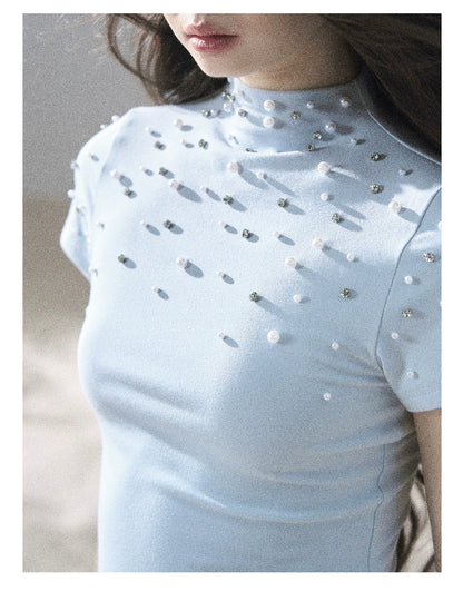 "Scattered Across the Milky Way" Pearl Beaded Knit T-Shirt (Haze Blue/ Sage Gray)