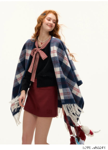 ASGONY - Navy Plaid Fringe Wrap Scarf