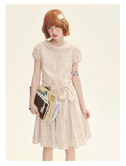 "Showa Girl" Vintage Plaid Floral Print Peter Pan Collar Bow Waist-Defined A-Line Dress