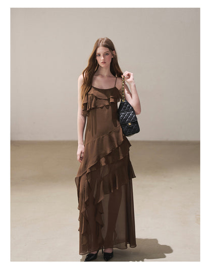 170726 "Whispers Beneath the Brown Skirt" Mocha Mousse Ruffle Cami Mini Dress + Gray Taupe Tailored Blazer