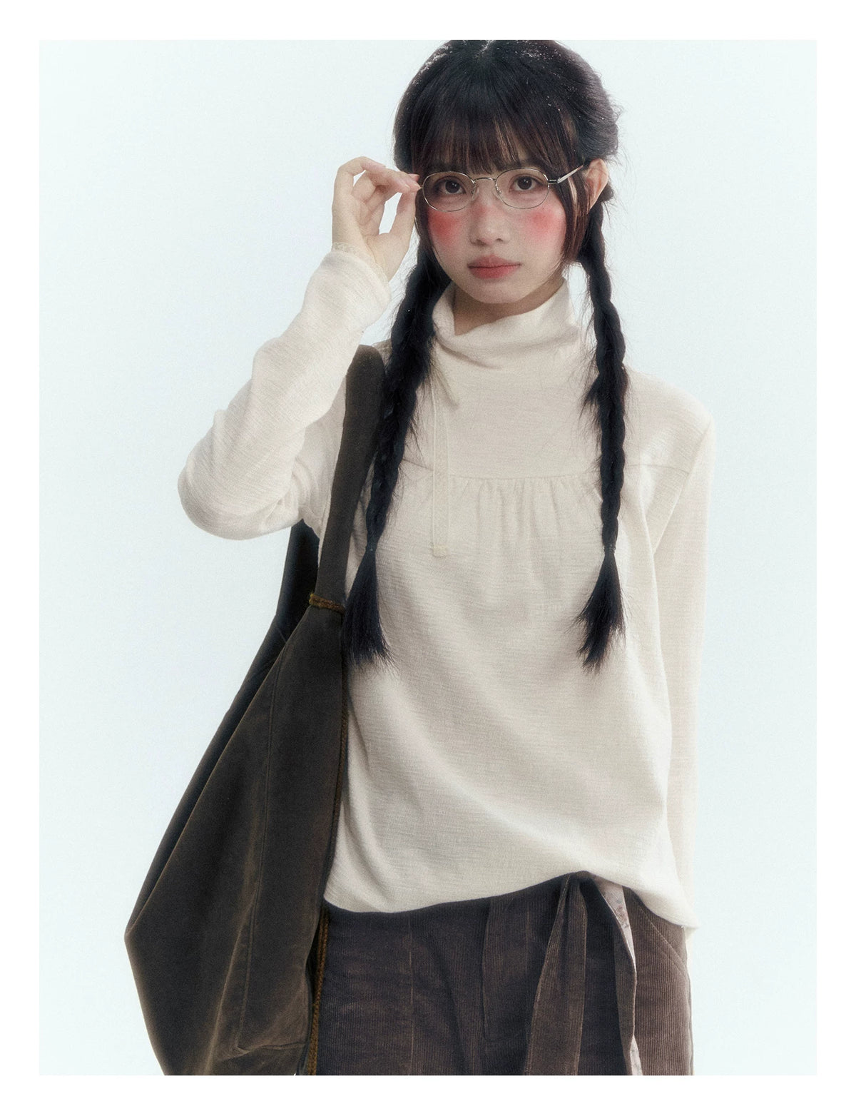 Floral Bow Lace-Tie Knit Top (Gray Floral / Light Khaki Beige)