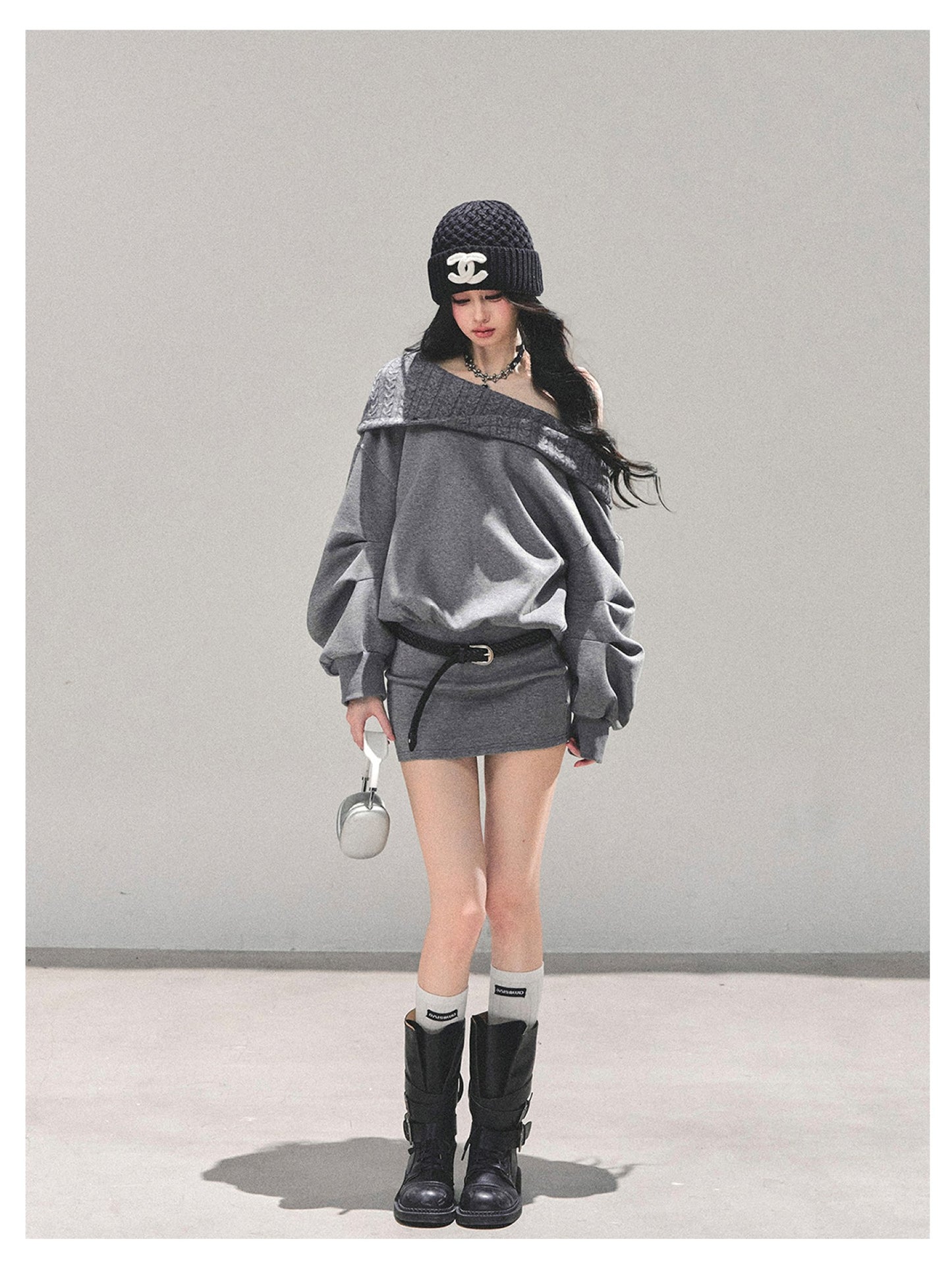 少也眼 "Silent Gravity" Off-Shoulder Oversized Sweatshirt (with Belt)