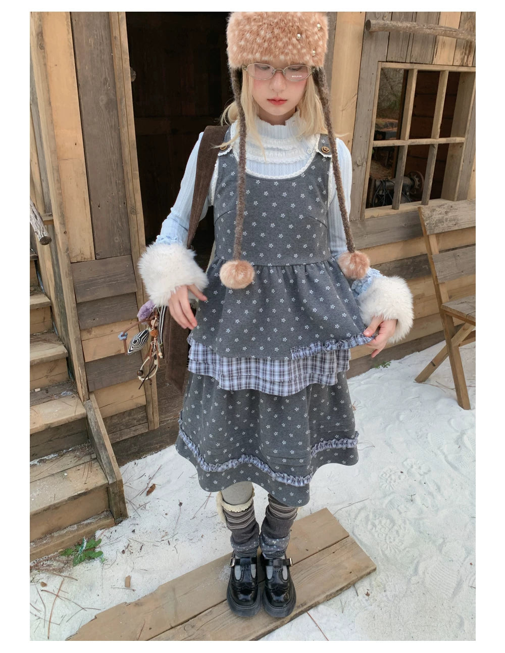 RF - Gray Floral Pinafore Top and Plaid Ruffle Skirt Set