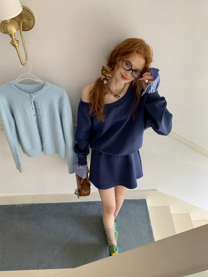 Navy One-Shoulder Sweatshirt & Skirt Set
