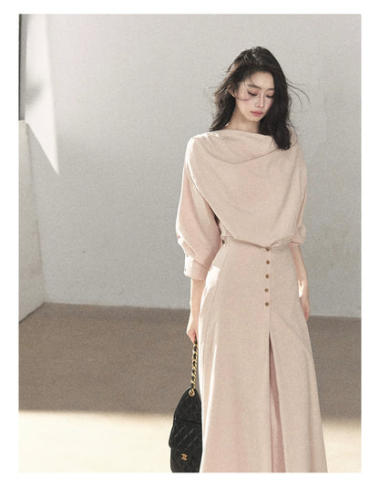 AOMALM - Cinnamon Pink Draped-Neck A-Line Maxi Dress