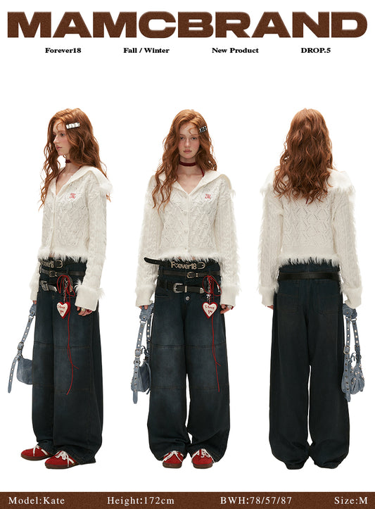 MAMC - High-Neck Fuzzy Patch Knit Cardigan – Pink/ White WE504