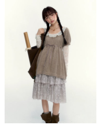 “Cloud Pleats” Chestnut Mist U-Neck Bow-Tie Puff Sleeve Knit Sweater