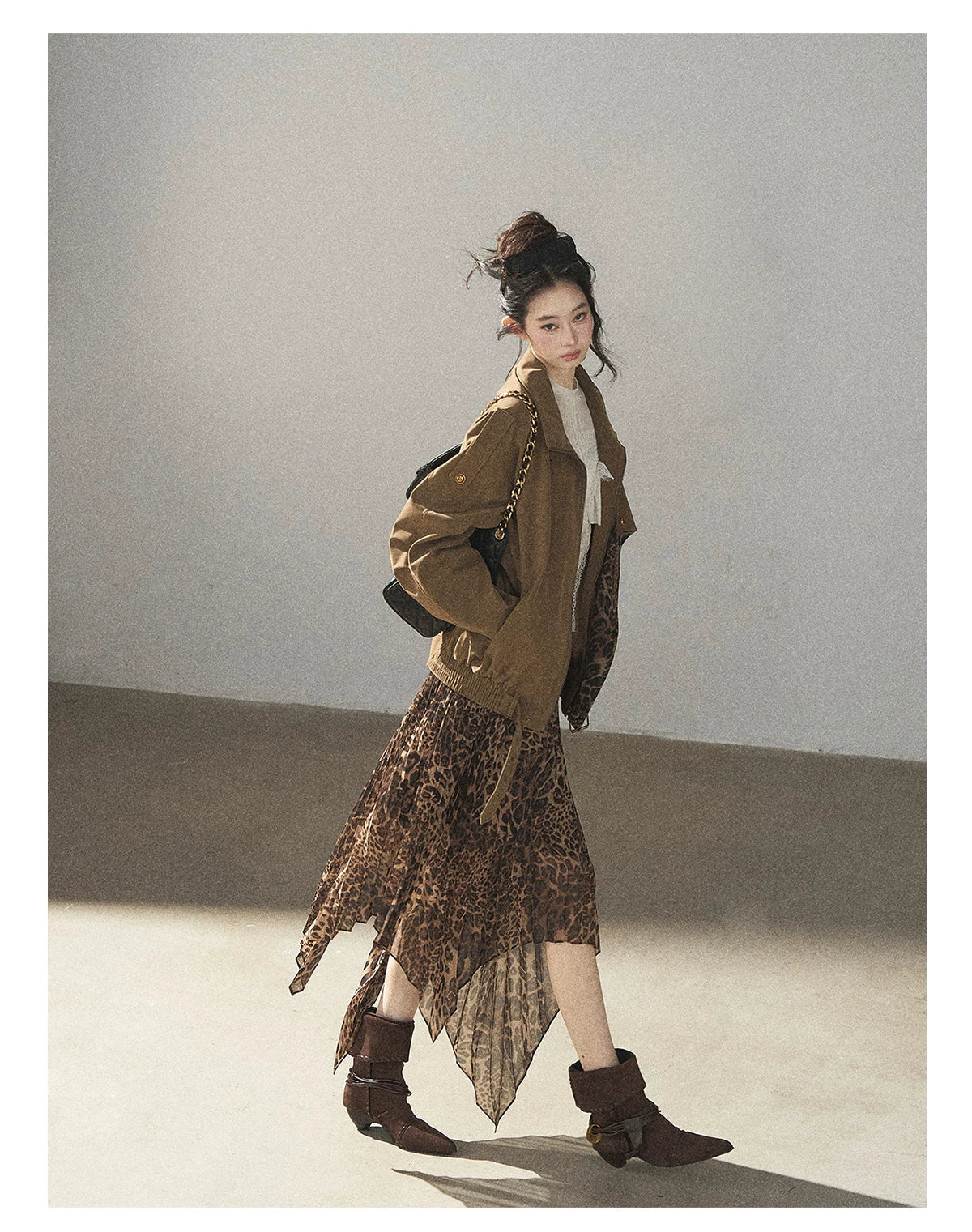 AOMALM - “Cocoa Leopard” Pleated Asymmetric Midi Skirt