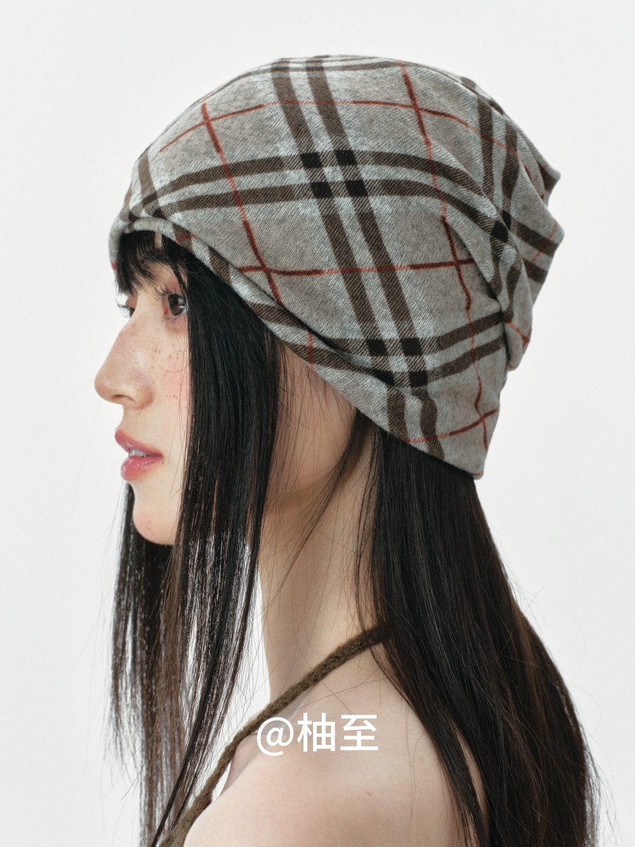 Vintage Plaid Hooded Scarf Hat – 2-in-1 Slouchy Ear-Warmer Cap