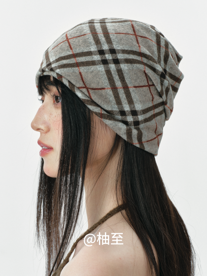 Vintage Plaid Hooded Scarf Hat – 2-in-1 Slouchy Ear-Warmer Cap