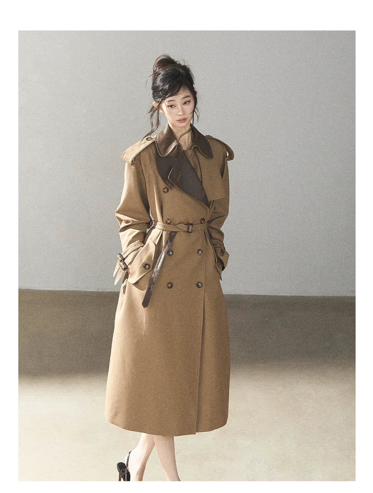 AOMALM - Chestnut Brown Long A-Line Trench Coat with Belt