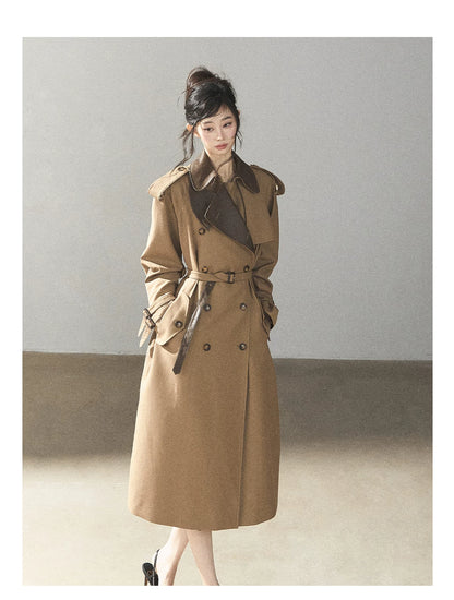 AOMALM - Chestnut Brown Long A-Line Trench Coat with Belt