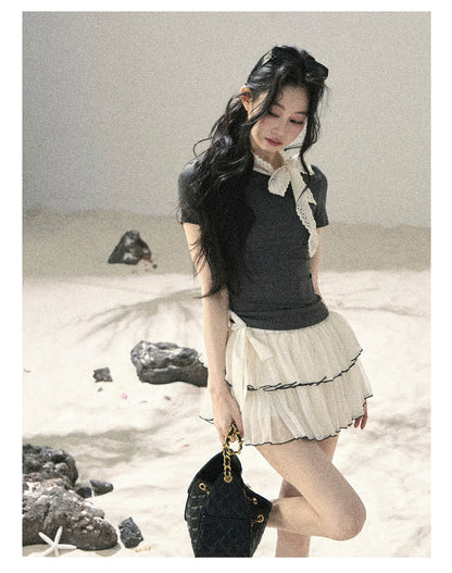 "Shadows & Soft Clouds" Slate Gray Bow Accent Crop Top