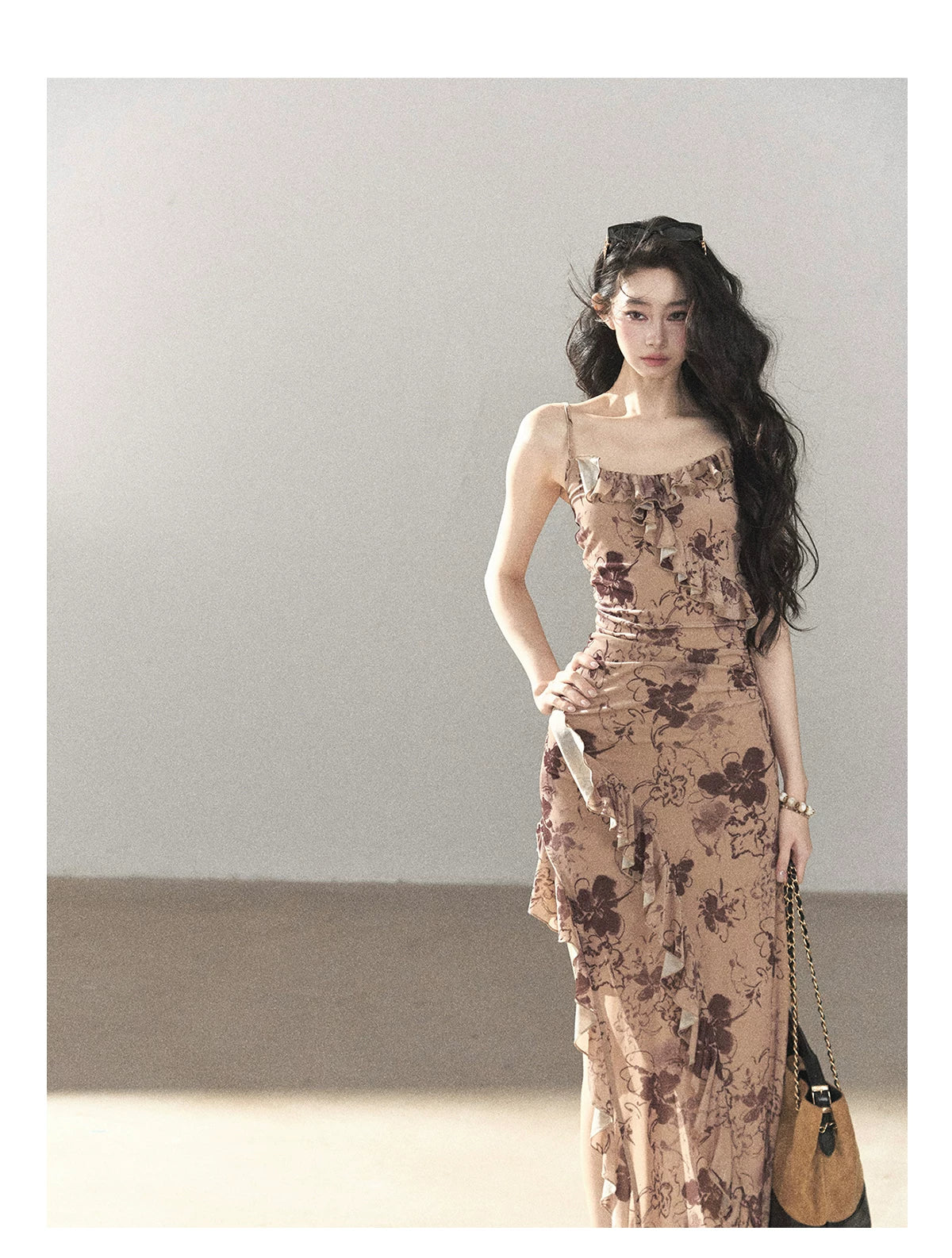 AOMALM - "Wildflower Date" Milk Tea Brown Ruffle Floral Maxi Dress (With Matching Hair Tie)