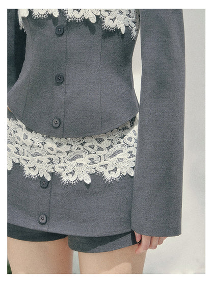 少也眼 “Lace Undercurrent” Gray Three-Piece Lace Set 62626