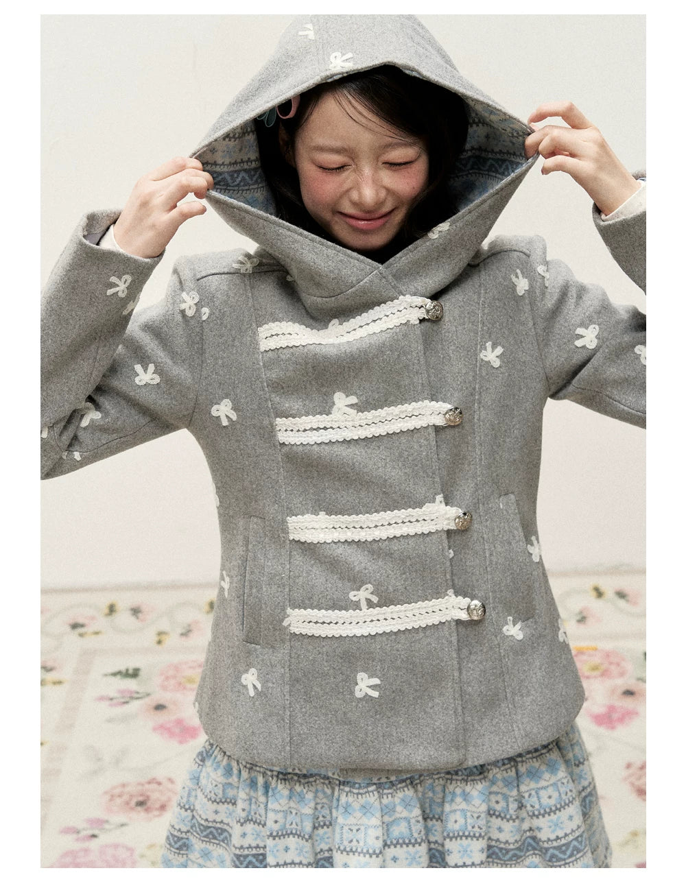 [RF] Heather Gray Vintage Jacquard Hooded Jacket with Frost Mist Blue Details
