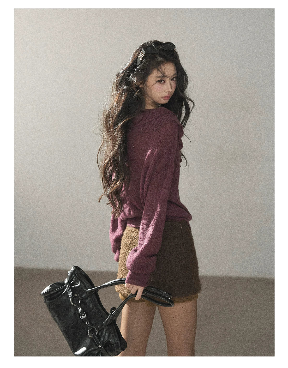 AOMALM - "A Softer Breath" Midnight Purple Ruffle V-Neck Sweater