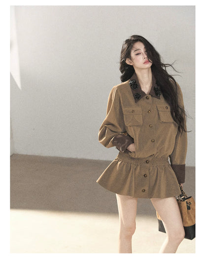 AOMALM - Gray-Brown PU Jacket and High-Waisted Shorts Set