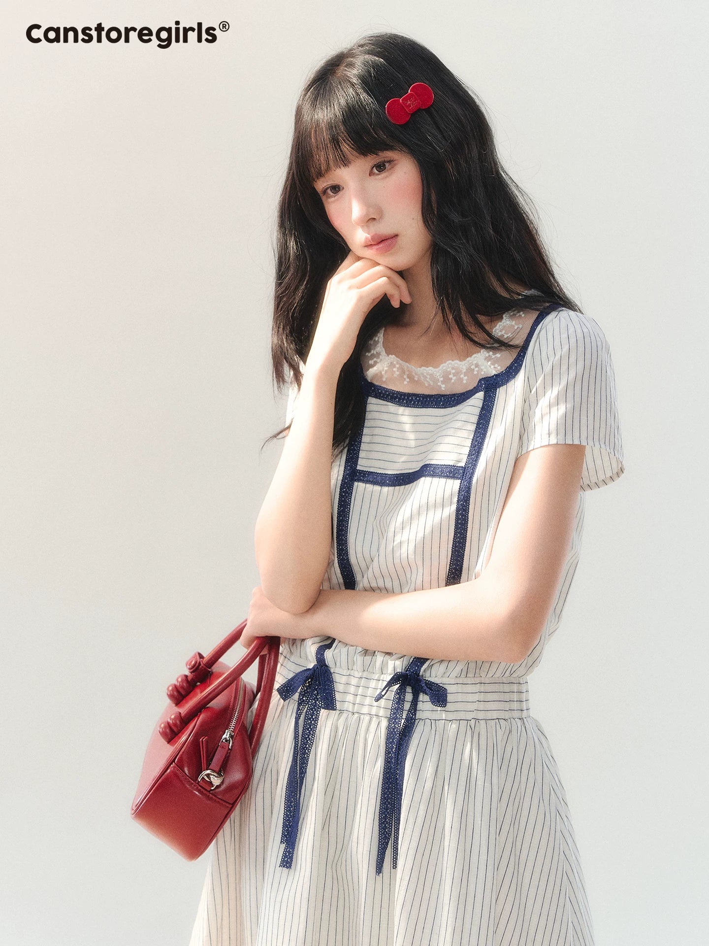 170726C "Midsummer Whisper" White Lace Collar Tie-Waist Dress