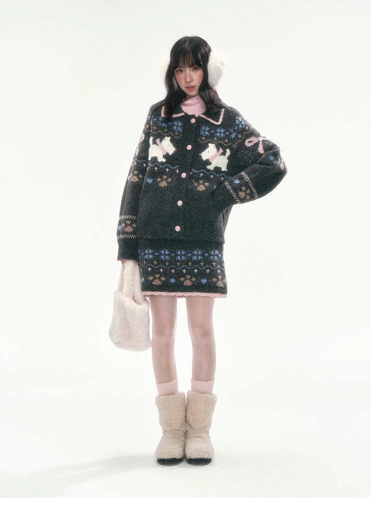 [CAN] Puppy Fair Isle Knit Sweater & Skirt Set (Gray / Pink)