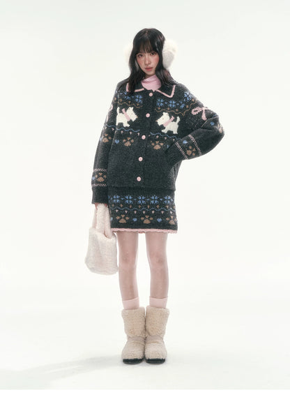 [CAN] Puppy Fair Isle Knit Sweater & Skirt Set (Gray / Pink)
