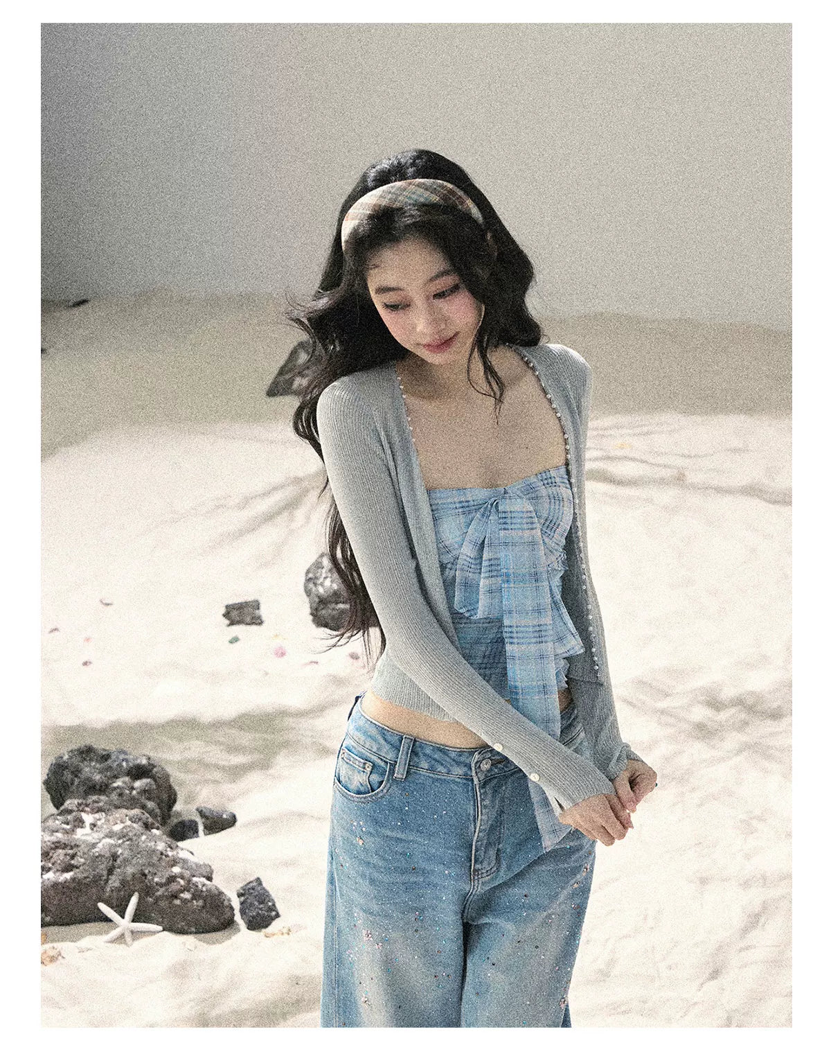 "Blue Danube Reverie" Mist Blue Bow Bandeau Crop Top & Cardigan Set 54638463