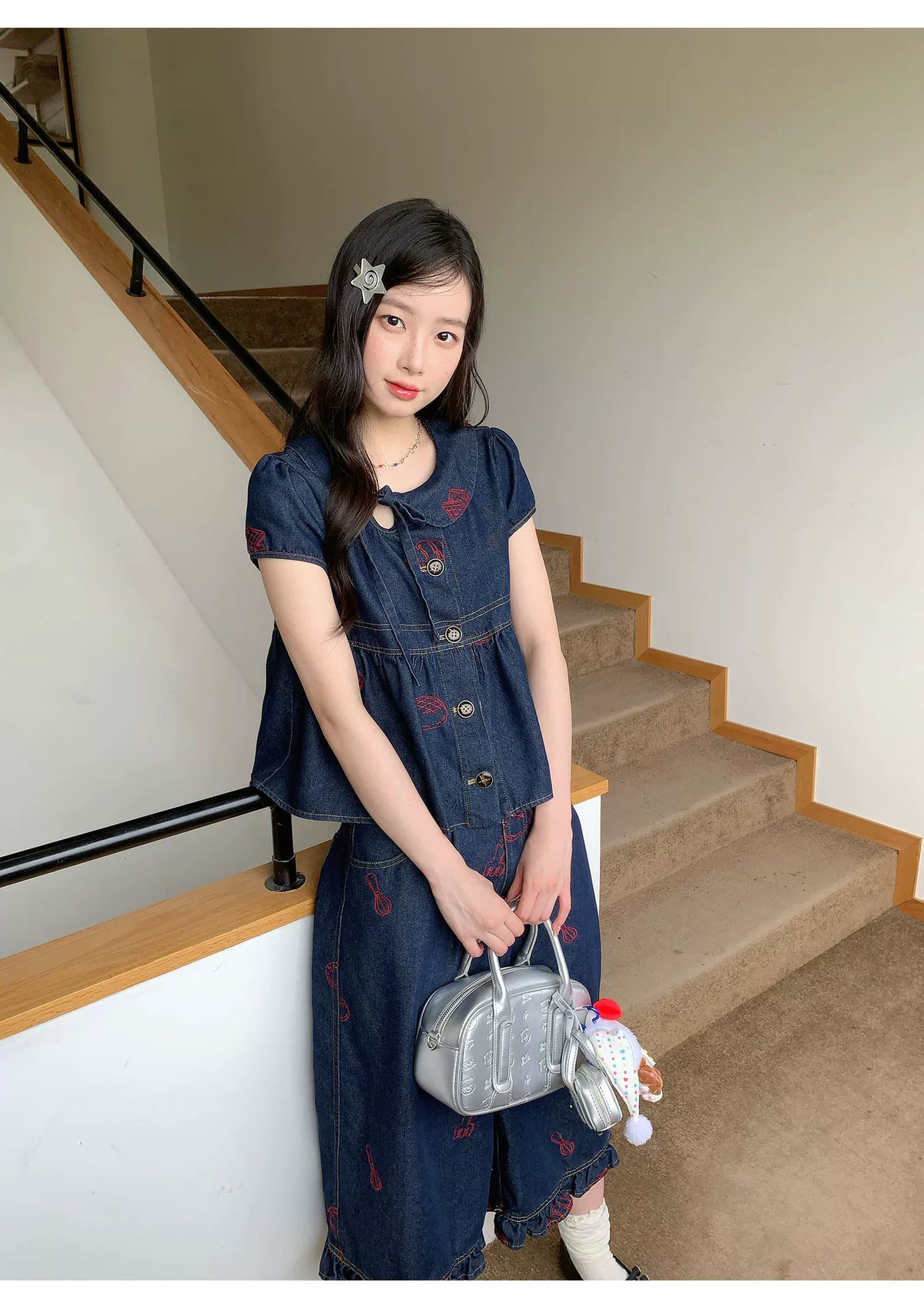 [RF] “Sweet Rebel Denim” Navy Embroidered Ruffle Top & Relaxed Pants Set