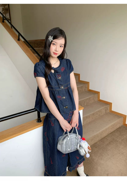 [RF] “Sweet Rebel Denim” Navy Embroidered Ruffle Top & Relaxed Pants Set