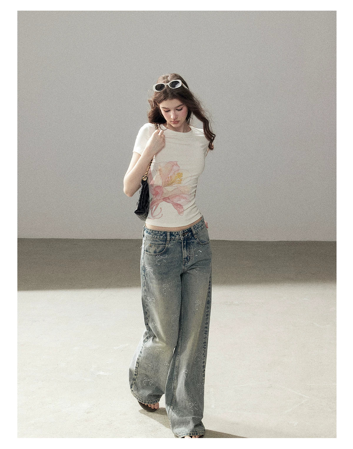 "Passing By the Sea" Vintage Blue Rhinestone Bow Wide-Leg Jeans
