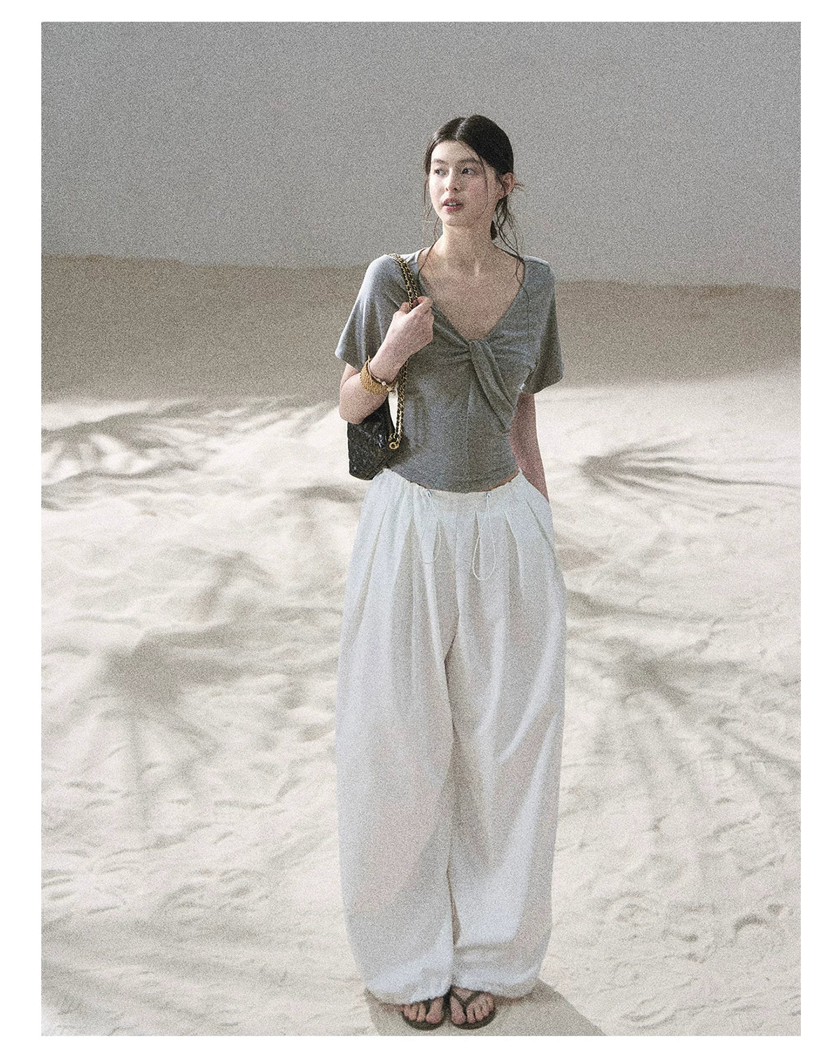 "Moonlight on Water" Twist-Front Cropped T-Shirt (Silver Mink Gray/ Mist Blue)