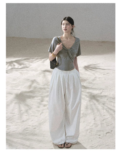"Moonlight on Water" Twist-Front Cropped T-Shirt (Silver Mink Gray/ Mist Blue)
