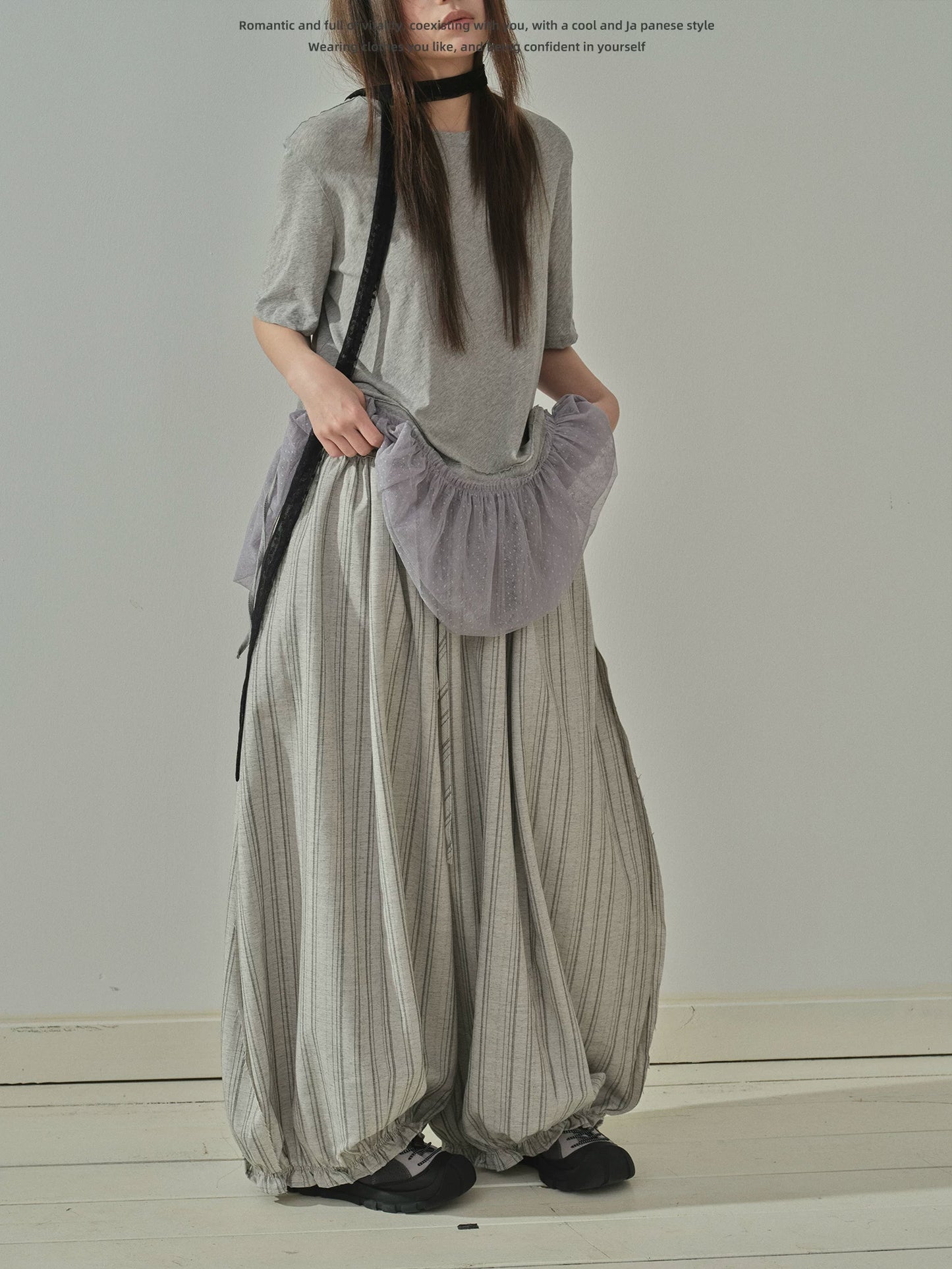 "Vintage Drift" Gray Striped Balloon Wide Leg Trousers