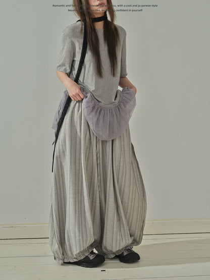 "Vintage Drift" Gray Striped Balloon Wide Leg Trousers