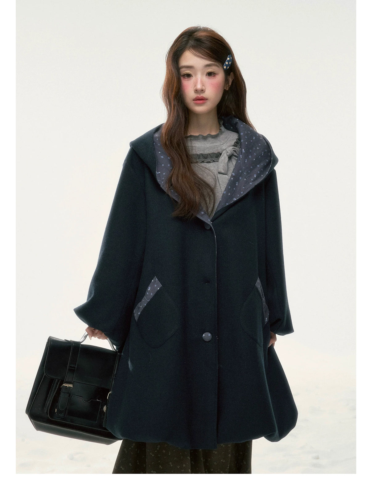 BIBIBENCY - Navy Floral Hooded Coat