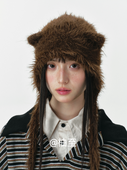 Chocolate Brown Plush Cat Ear Hat – Cozy Ear-Warmer Beanie