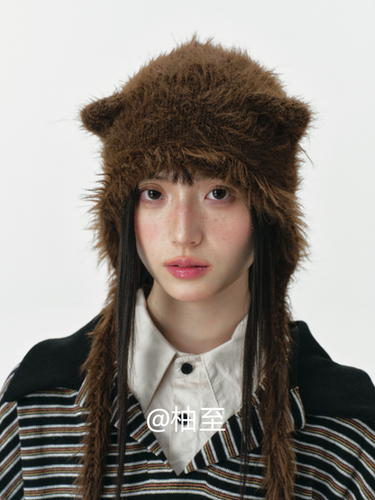 Chocolate Brown Plush Cat Ear Hat – Cozy Ear-Warmer Beanie