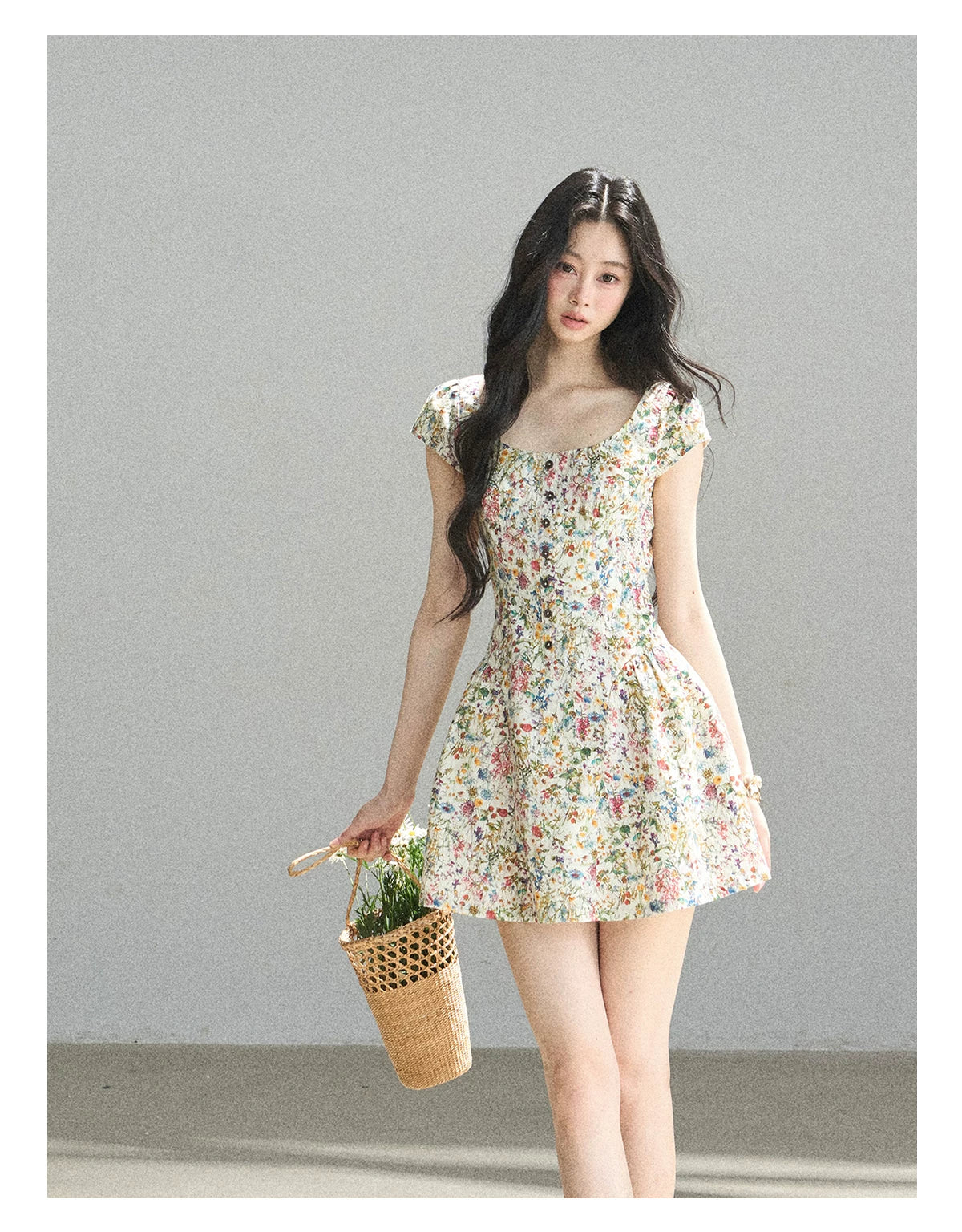 "Bloom in Full Glory" Dutch Cream Floral Puff Mini Dress