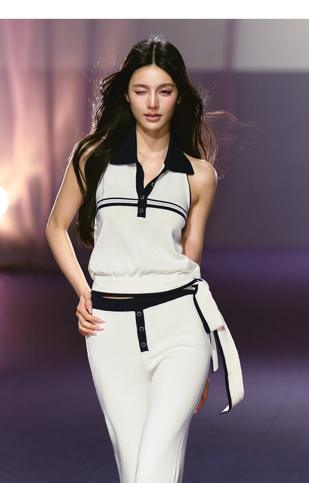 "Coastal Ease" Ivory Halter Knit Top & Contrast Knit Flare Pants Set