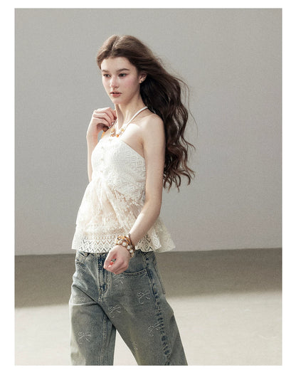 "Where the Waves Meet Her" Creamy Apricot White Lace Halter Sheer Top