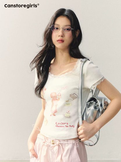 "Puppy Tea Notes" Lace Trim Knit Tee LL2026035