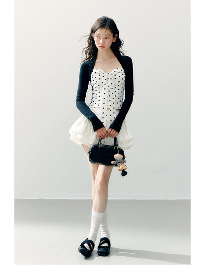 ANNATTO - Polka Dot Lyocell Faux Two-Piece Long Sleeve Top & White Skirt Set