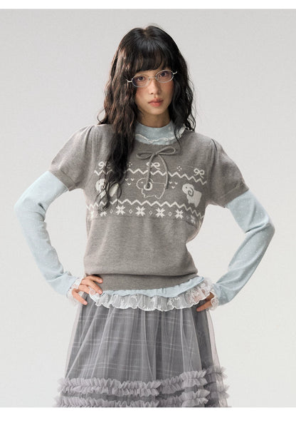 [CAN] "Little Lamb Adventure" Gray Jacquard Bow-Detail Short Sleeve Knit Top