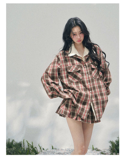 “Café Daydream” British Plaid Shirt & Mini Skirt Set