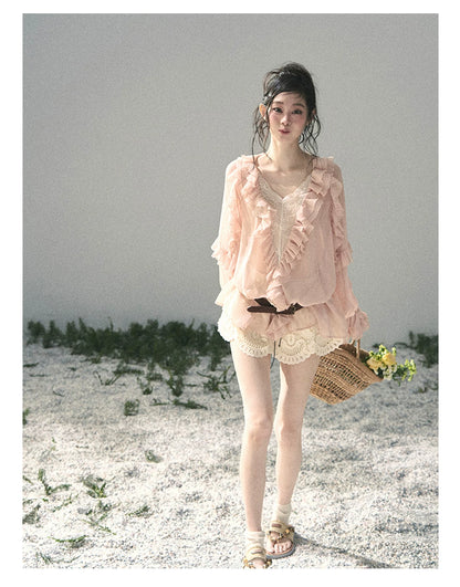 “Whispers of the Wind” Blush Pink Lace Chiffon Blouse (With Belt)