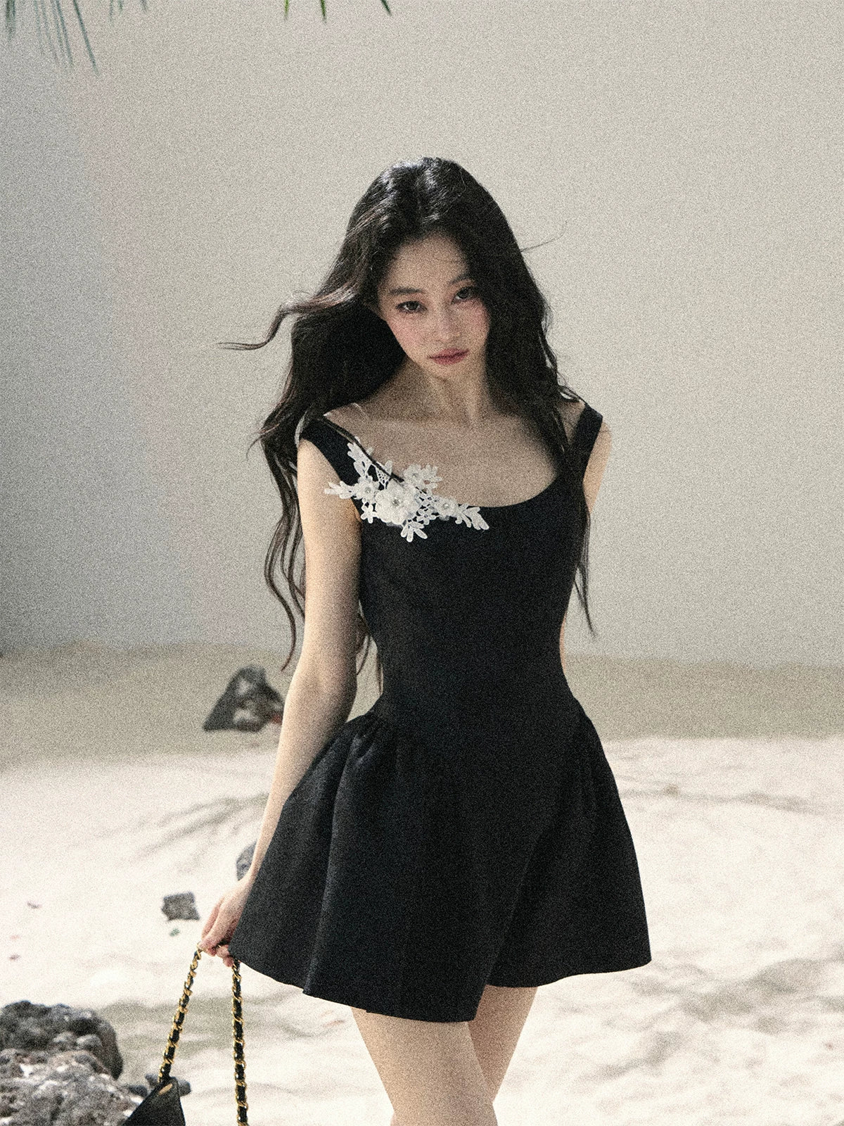 "Wisteria Climbing the Vines" Black Iris Floral Lace Puff Mini Dress 7645