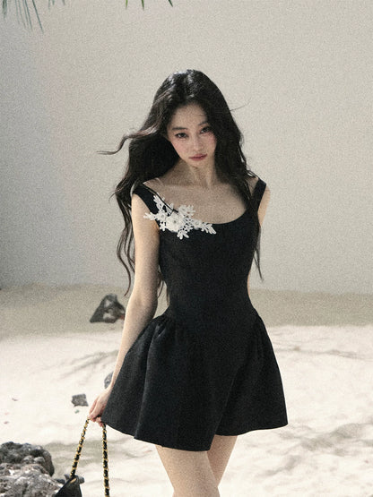 "Wisteria Climbing the Vines" Black Iris Floral Lace Puff Mini Dress 7645