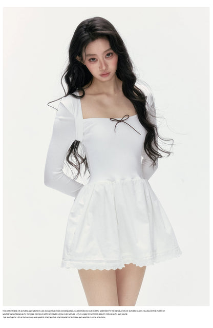 24olvides - Fitted Two-Tone Look Dress with Lace Hem and Bow Detail