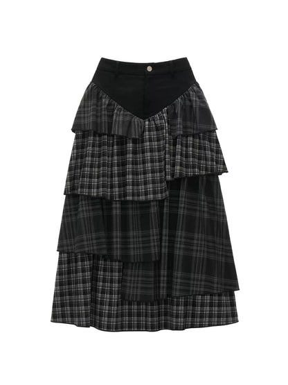 MAMC - Black Plaid Layered Midi Skirt with Denim Patchwork