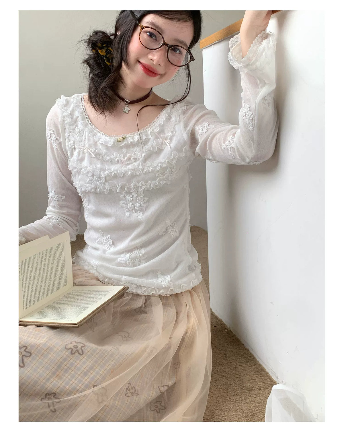 [RF] “Pearl Mist Reverie” White Lace-Trim Sheer Mesh Long-Sleeve Top