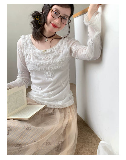 [RF] “Pearl Mist Reverie” White Lace-Trim Sheer Mesh Long-Sleeve Top